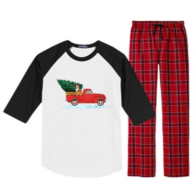 Cute Bulldog With Vintage Red Pickup Truck Christmas Tree Cool Gift Raglan Sleeve Pajama Set