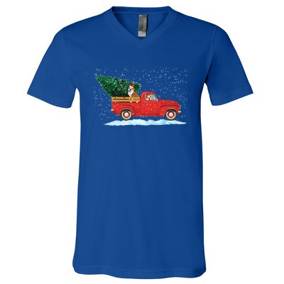 Cute Bulldog With Vintage Red Pickup Truck Christmas Tree Cool Gift V-Neck T-Shirt