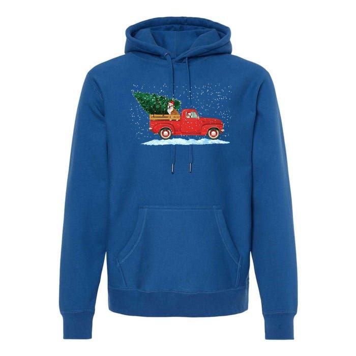 Cute Bulldog With Vintage Red Pickup Truck Christmas Tree Cool Gift Premium Hoodie