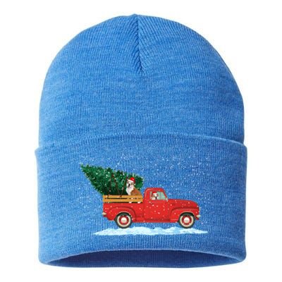 Cute Bulldog With Vintage Red Pickup Truck Christmas Tree Cool Gift Sustainable Knit Beanie