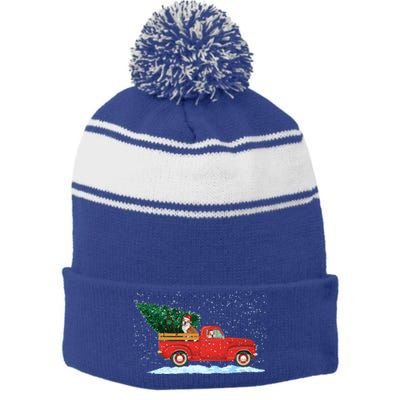 Cute Bulldog With Vintage Red Pickup Truck Christmas Tree Cool Gift Stripe Pom Pom Beanie