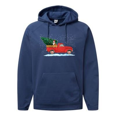 Cute Bulldog With Vintage Red Pickup Truck Christmas Tree Cool Gift Performance Fleece Hoodie