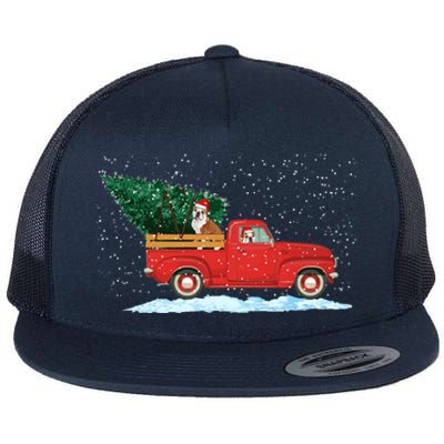 Cute Bulldog With Vintage Red Pickup Truck Christmas Tree Cool Gift Flat Bill Trucker Hat