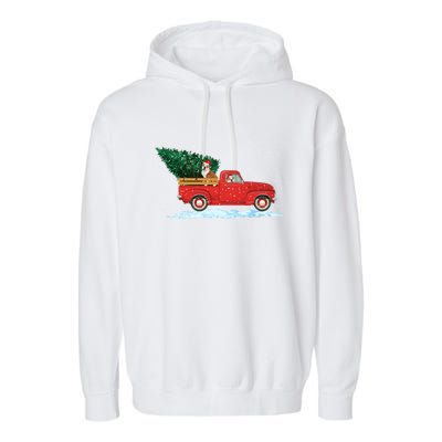 Cute Bulldog With Vintage Red Pickup Truck Christmas Tree Cool Gift Garment-Dyed Fleece Hoodie