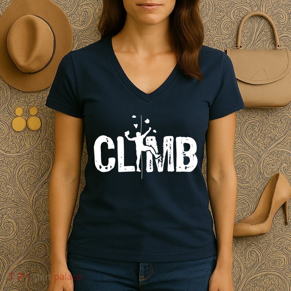 Climb Bouldering Wall Climber Rock Climbing Mountaineer Women's V-Neck T-Shirt