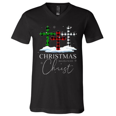 Christmas Begins With Christ Jesus Cross Christian Pajama V-Neck T-Shirt