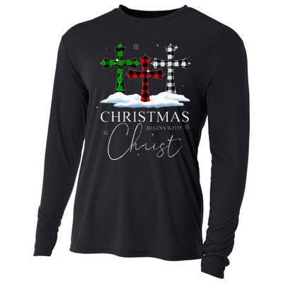 Christmas Begins With Christ Jesus Cross Christian Pajama Cooling Performance Long Sleeve Crew