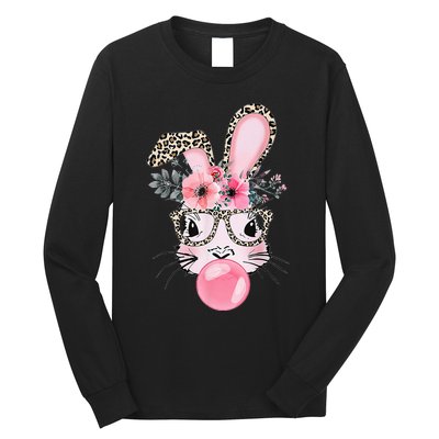 Cute Bunny With Leopard Glasses Bubblegum Easter Day Gifts Long Sleeve Shirt