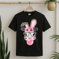Cute Bunny With Leopard Glasses Bubblegum Easter Day Gifts T-Shirt