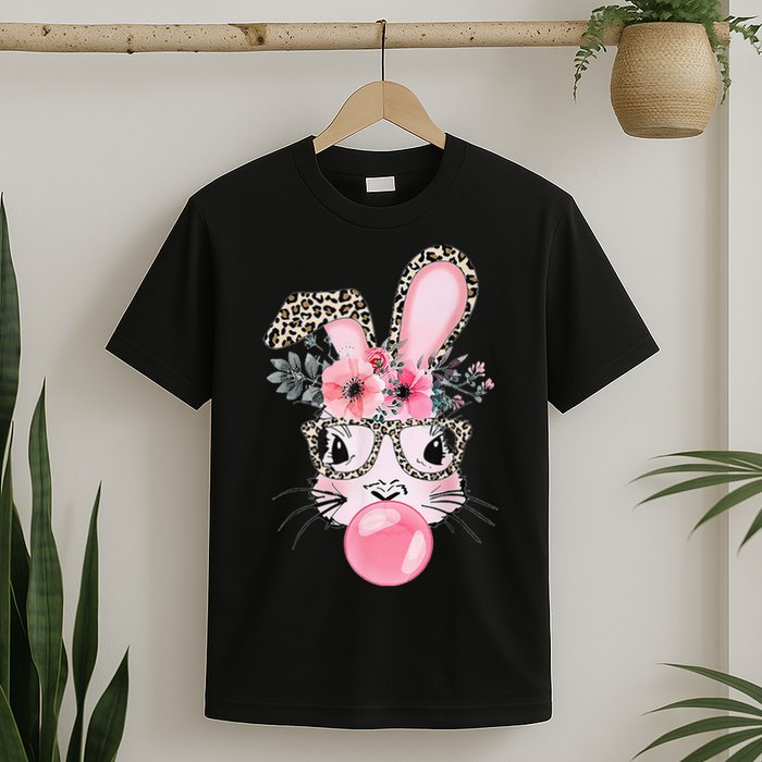 Cute Bunny With Leopard Glasses Bubblegum Easter Day Gifts T-Shirt