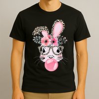 Cute Bunny With Leopard Glasses Bubblegum Easter Day Gifts T-Shirt