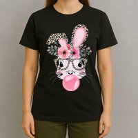 Cute Bunny With Leopard Glasses Bubblegum Easter Day Gifts T-Shirt