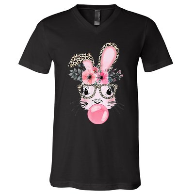 Cute Bunny With Leopard Glasses Bubblegum Easter Day Gifts V-Neck T-Shirt