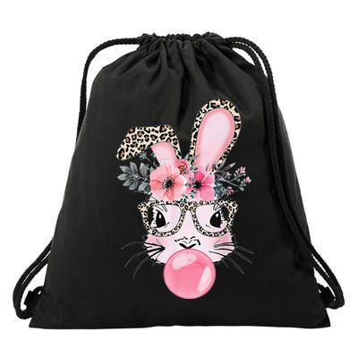 Cute Bunny With Leopard Glasses Bubblegum Easter Day Gifts Drawstring Bag