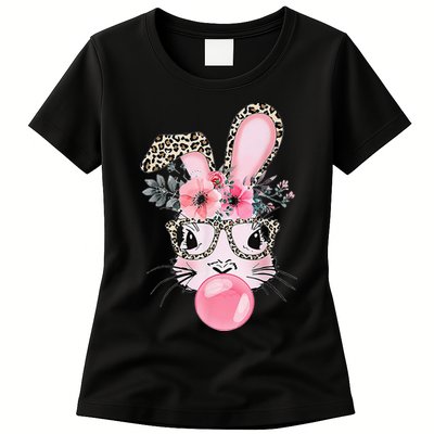 Cute Bunny With Leopard Glasses Bubblegum Easter Day Gifts Womens T-Shirt