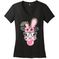 Cute Bunny With Leopard Glasses Bubblegum Easter Day Gifts Women's V-Neck T-Shirt