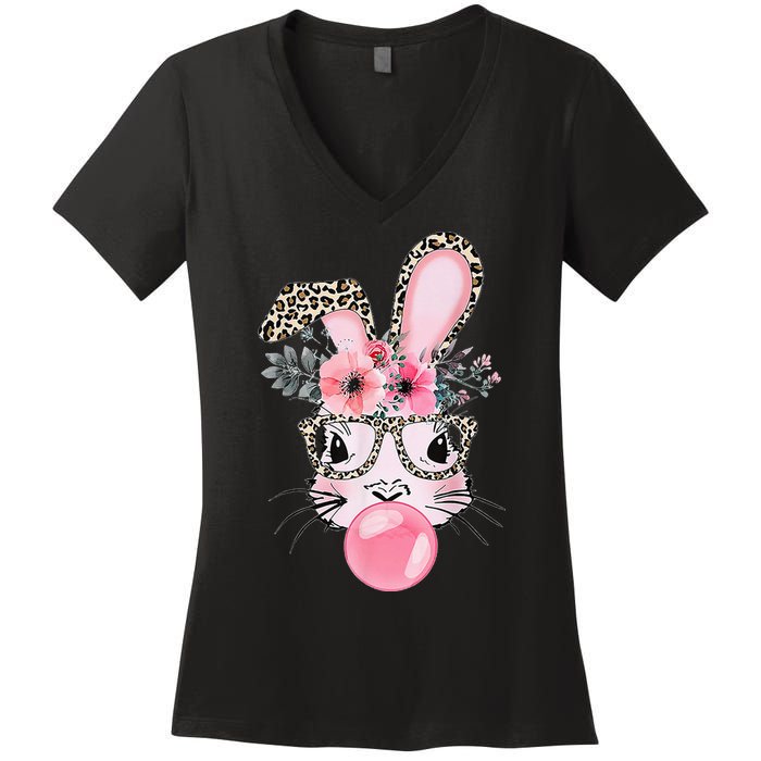 Cute Bunny With Leopard Glasses Bubblegum Easter Day Gifts Women's V-Neck T-Shirt