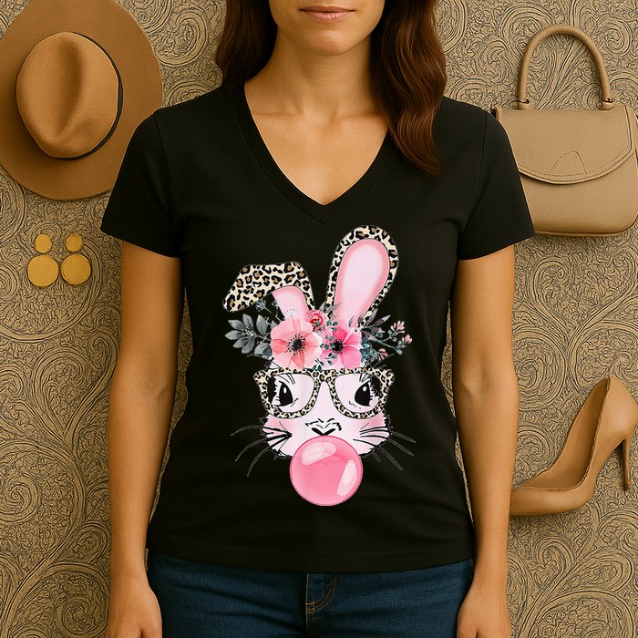 Cute Bunny With Leopard Glasses Bubblegum Easter Day Gifts Women's V-Neck T-Shirt