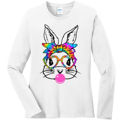 Cute Bunny With Bandana Heart Glasses Bubblegum Easter Day Ladies Long Sleeve Shirt