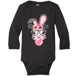 Cute Bunny With Leopard Glasses Bubblegum Easter Day Baby Long Sleeve Bodysuit