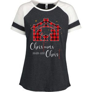 Christmas Begins With Christ Jesus Cross Christian Pajama Enza Ladies Jersey Colorblock Tee