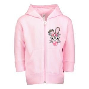 Cute Bunny With Leopard Glasses Bubblegum Easter Day Toddler Zip Fleece Hoodie