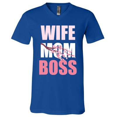 Cherry Blossom Wife Mother Boss Sakura Mothers Day Funny Mom Gift V-Neck T-Shirt