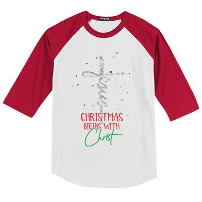 Christmas Begins With Christ Snowman Christian Religious Kids Colorblock Raglan Jersey