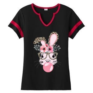 Cute Bunny With Leopard Glasses Bubblegum Easter Day Ladies Halftime Notch Neck Tee