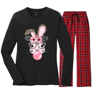 Cute Bunny With Leopard Glasses Bubblegum Easter Day Women's Long Sleeve Flannel Pajama Set 