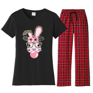 Cute Bunny With Leopard Glasses Bubblegum Easter Day Women's Flannel Pajama Set