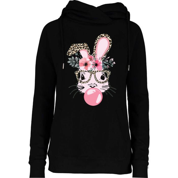 Cute Bunny With Leopard Glasses Bubblegum Easter Day Womens Funnel Neck Pullover Hood