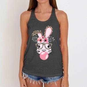 Cute Bunny With Leopard Glasses Bubblegum Easter Day Women's Knotted Racerback Tank