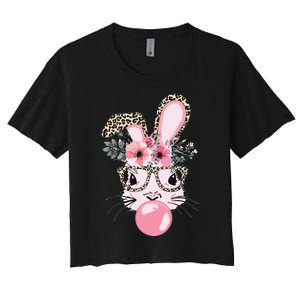 Cute Bunny With Leopard Glasses Bubblegum Easter Day Women's Crop Top Tee