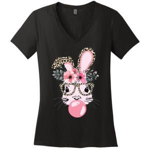 Cute Bunny With Leopard Glasses Bubblegum Easter Day Women's V-Neck T-Shirt