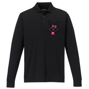 Cute Bunny With Heart Glasses Bubblegum Easter Day Cool Gift Performance Long Sleeve Polo