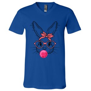 Cute Bunny With Heart Glasses Bubblegum Easter Day Cool Gift V-Neck T-Shirt