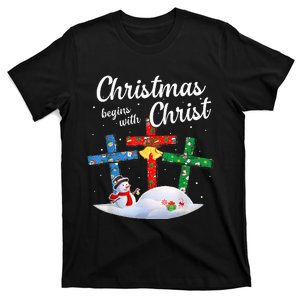 Christmas Begins With Christ Snowman Christian Cross Xmas T-Shirt