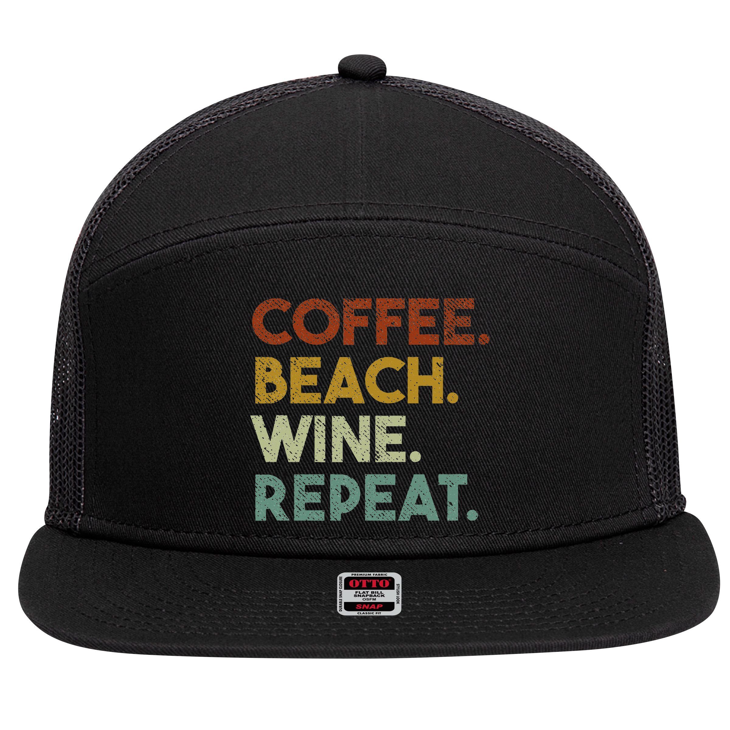 Coffee Beach Wine Repeat Funny Retro Beach 7 Panel Mesh Trucker Snapback Hat