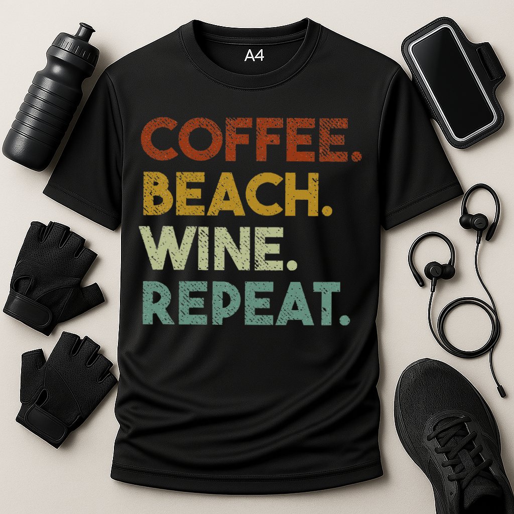Coffee Beach Wine Repeat Funny Retro Beach Performance Shirt