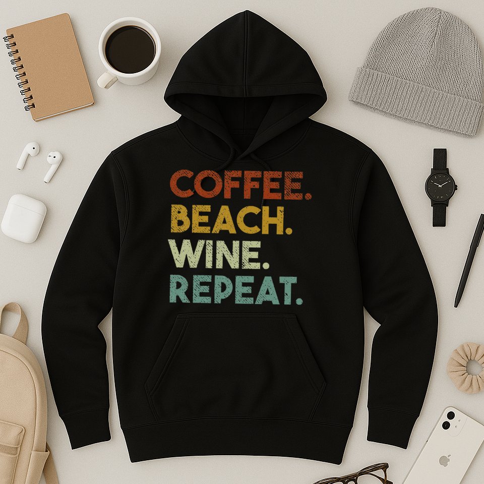 Coffee Beach Wine Repeat Funny Retro Beach Hoodie