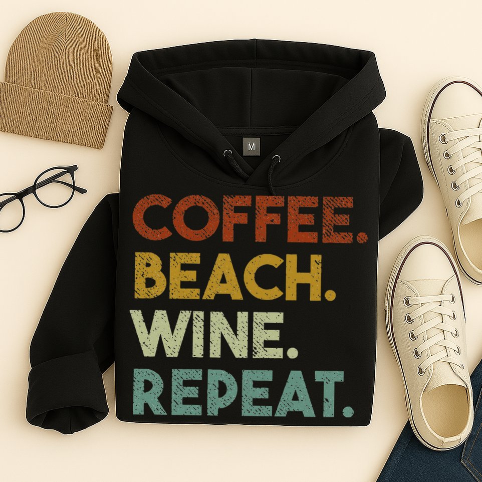Coffee Beach Wine Repeat Funny Retro Beach Hoodie