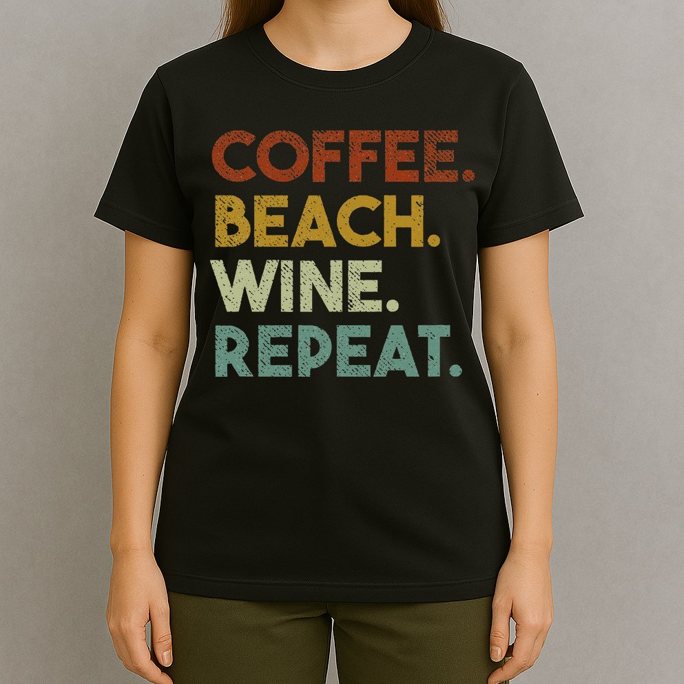 Coffee Beach Wine Repeat Funny Retro Beach T-Shirt