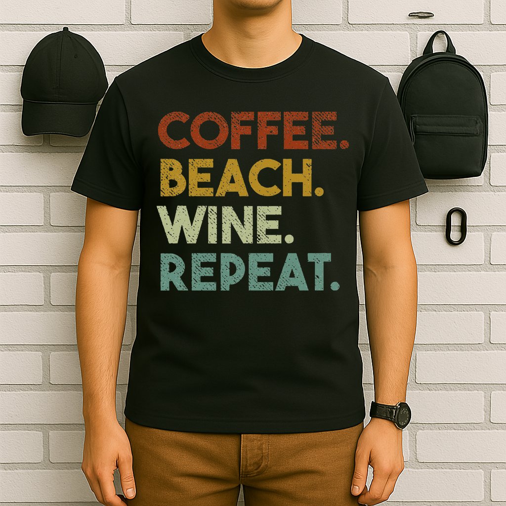 Coffee Beach Wine Repeat Funny Retro Beach T-Shirt