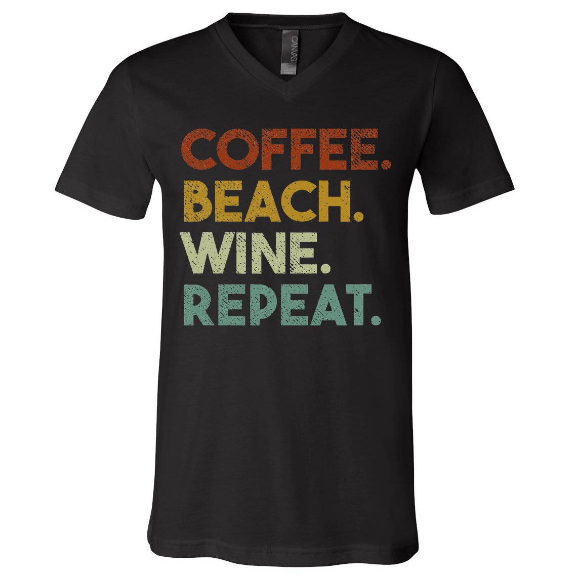 Coffee Beach Wine Repeat Funny Retro Beach V-Neck T-Shirt