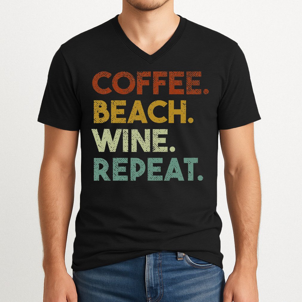 Coffee Beach Wine Repeat Funny Retro Beach V-Neck T-Shirt
