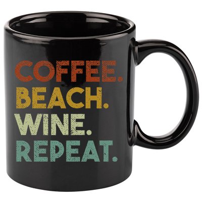 Coffee Beach Wine Repeat Funny Retro Beach 11oz C Handle Ceramic Mug