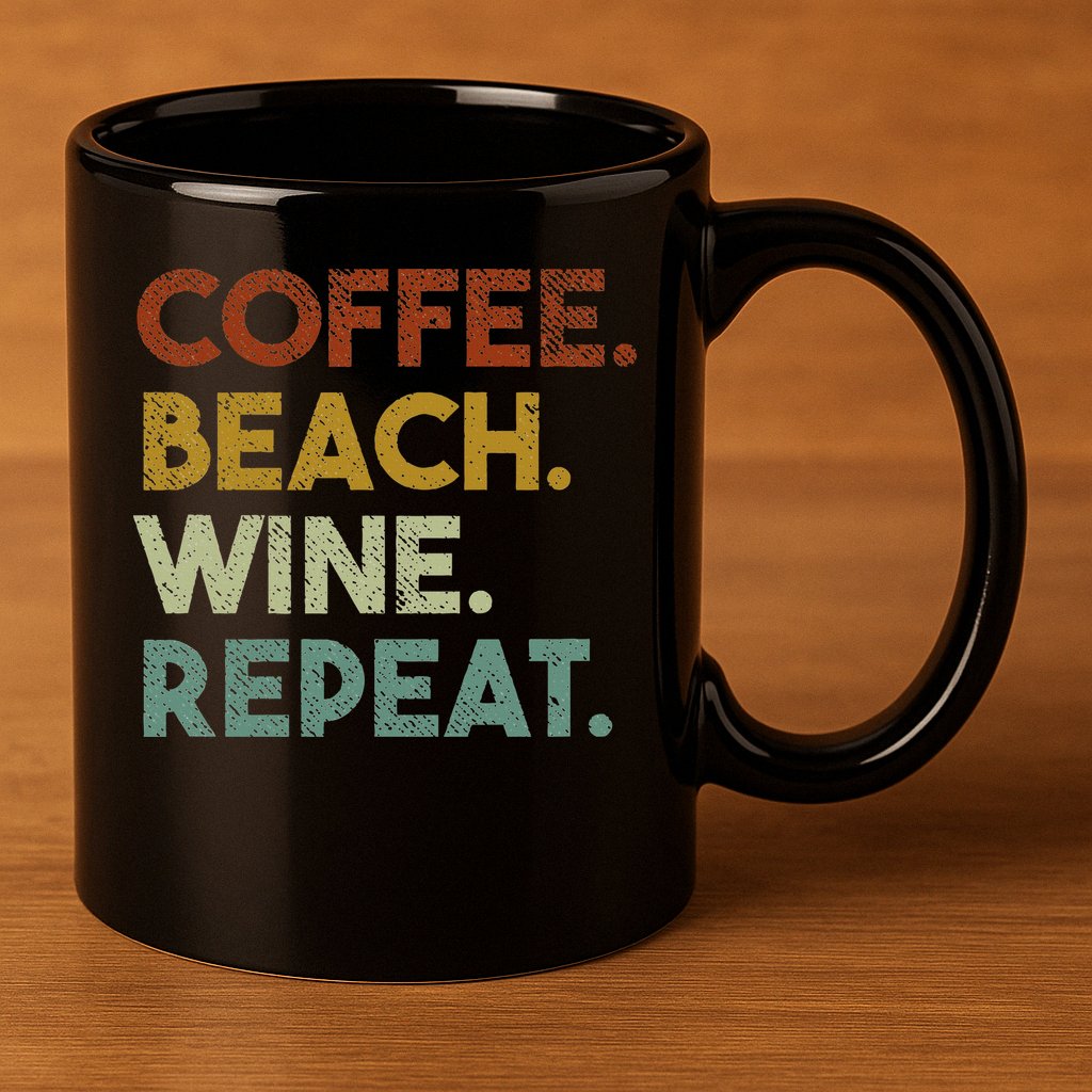 Coffee Beach Wine Repeat Funny Retro Beach 11oz C Handle Ceramic Mug