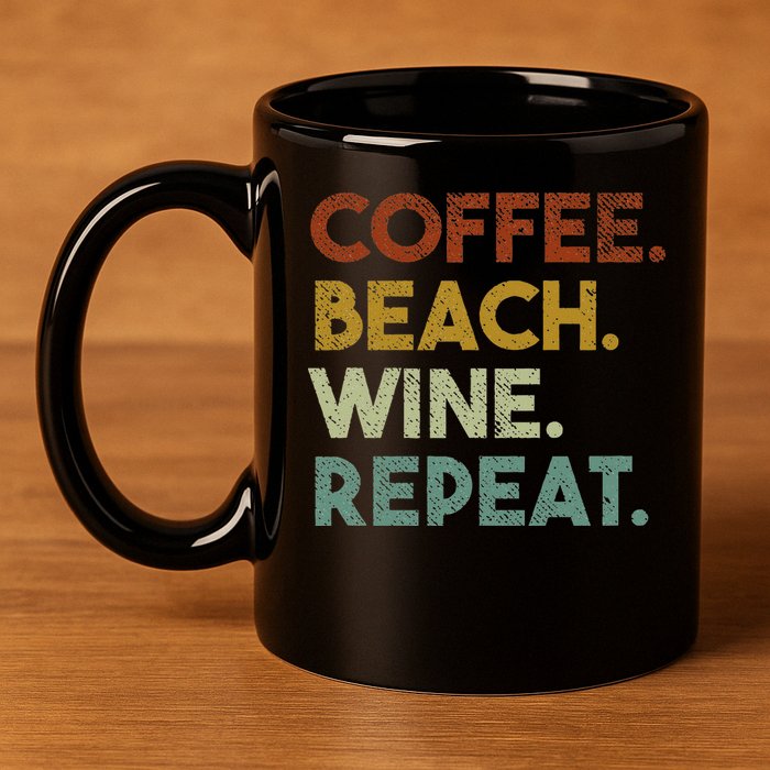 Coffee Beach Wine Repeat Funny Retro Beach 11oz C Handle Ceramic Mug