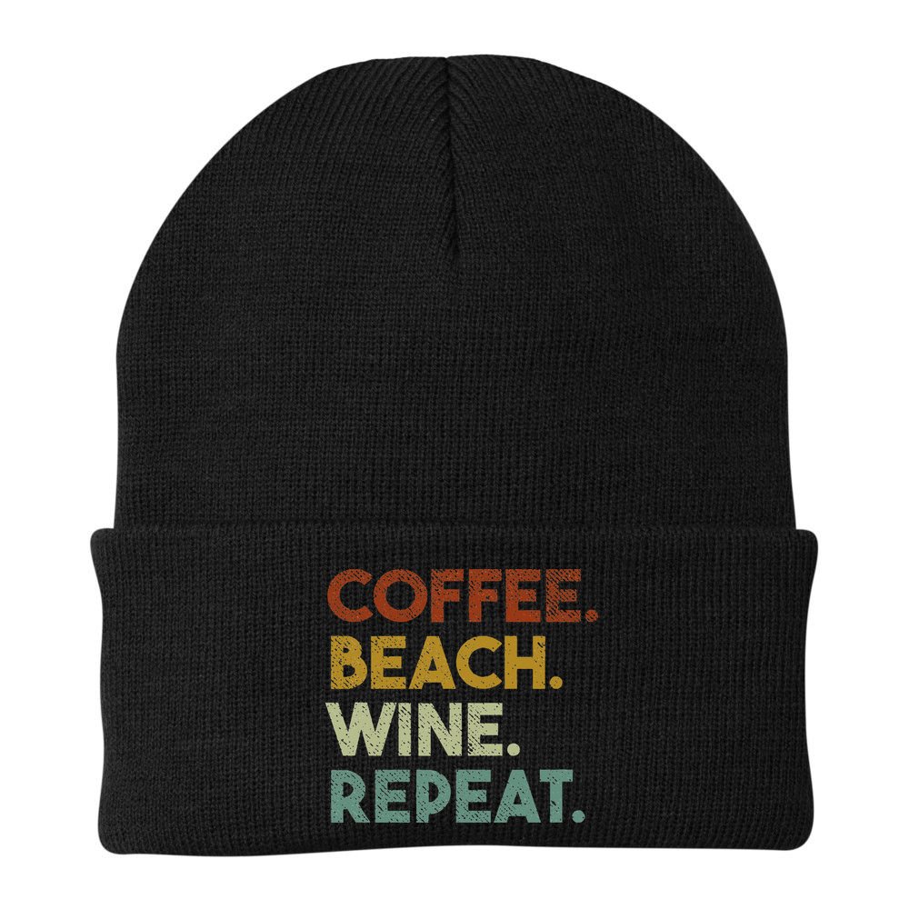 Coffee Beach Wine Repeat Funny Retro Beach Beanie